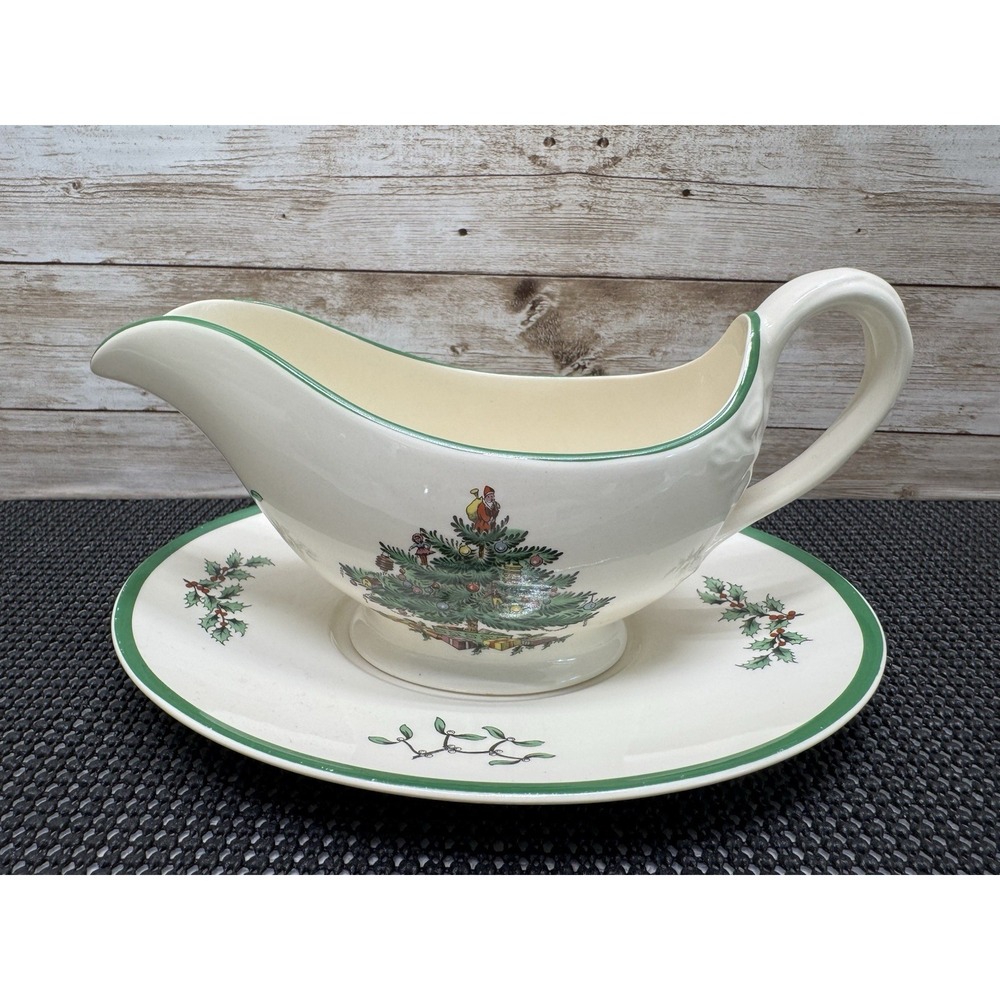 Vintage Spode Christmas Tree Gravy Boat & Underplate Made in England 1997 2pc